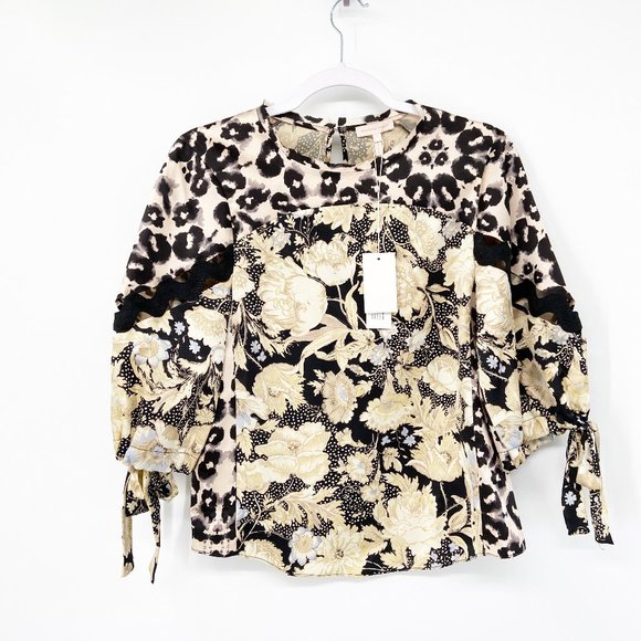 Rebecca Taylor Floral Contrast Silk Tie Blouse - Picture 2 of 7